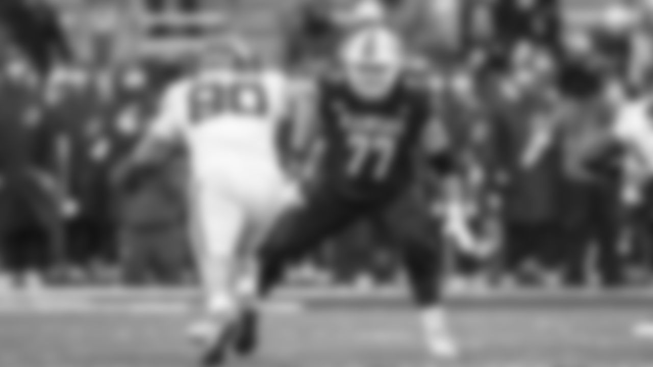 LAWRENCE, KS - October 28, 2023 - offensive lineman Bryce Cabeldue #77 of the Kansas Jayhawks during the game between Kansas and Oklahoma at David Booth Kansas Memorial Stadium in Lawrence, KS. Photo by Missy Minear/Kansas Athletics