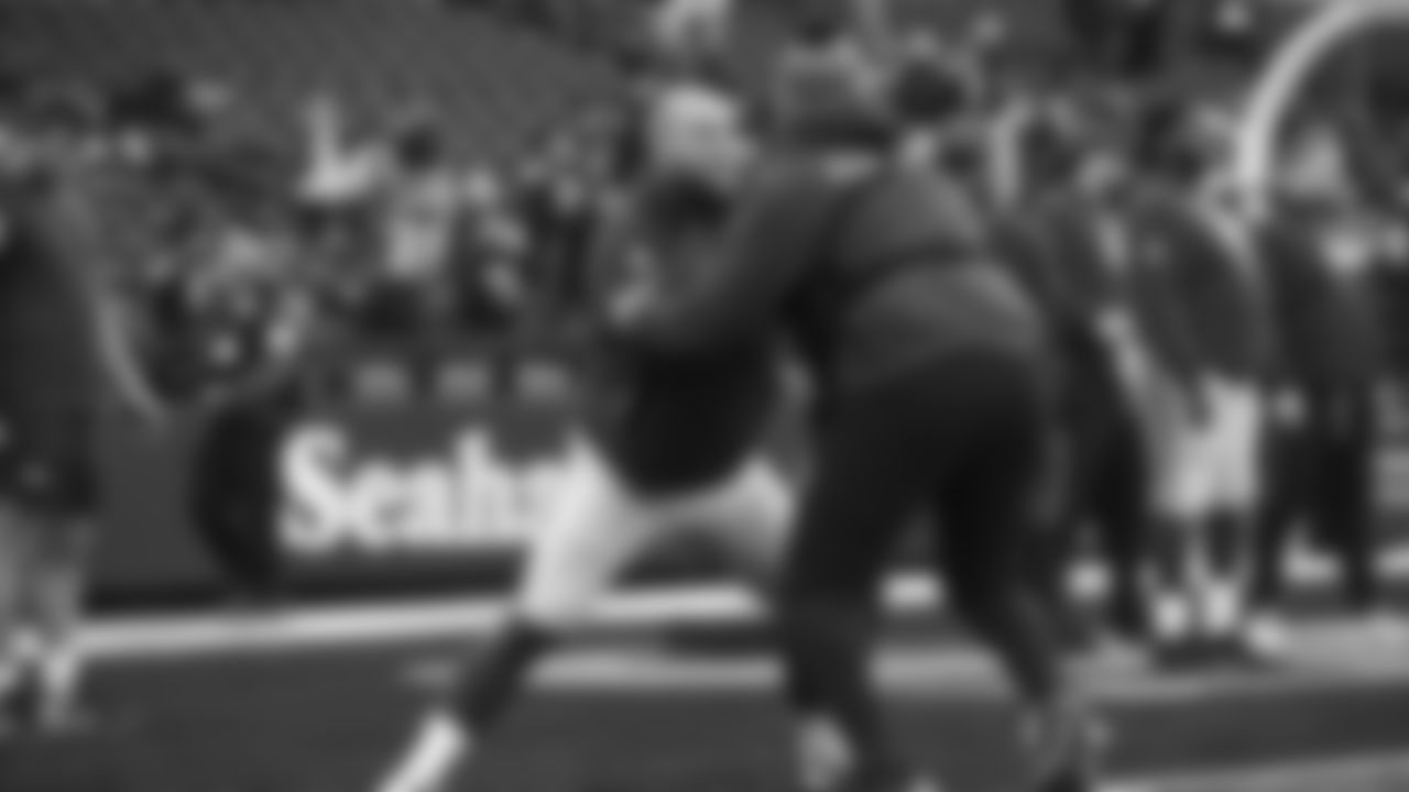 Seahawks guard Bryce Cabeldue (77) warms up at Lumen Field for the Week 13 matchup vs. the Minnesota Vikings.