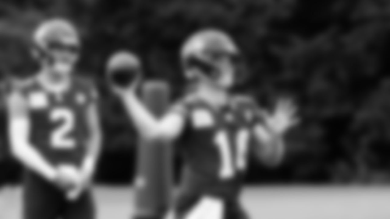 Seahawks quarterback Sam Darnold (14) practiced on day four of training camp on July 26, 2025 at the Virginia Mason Athletic Center.