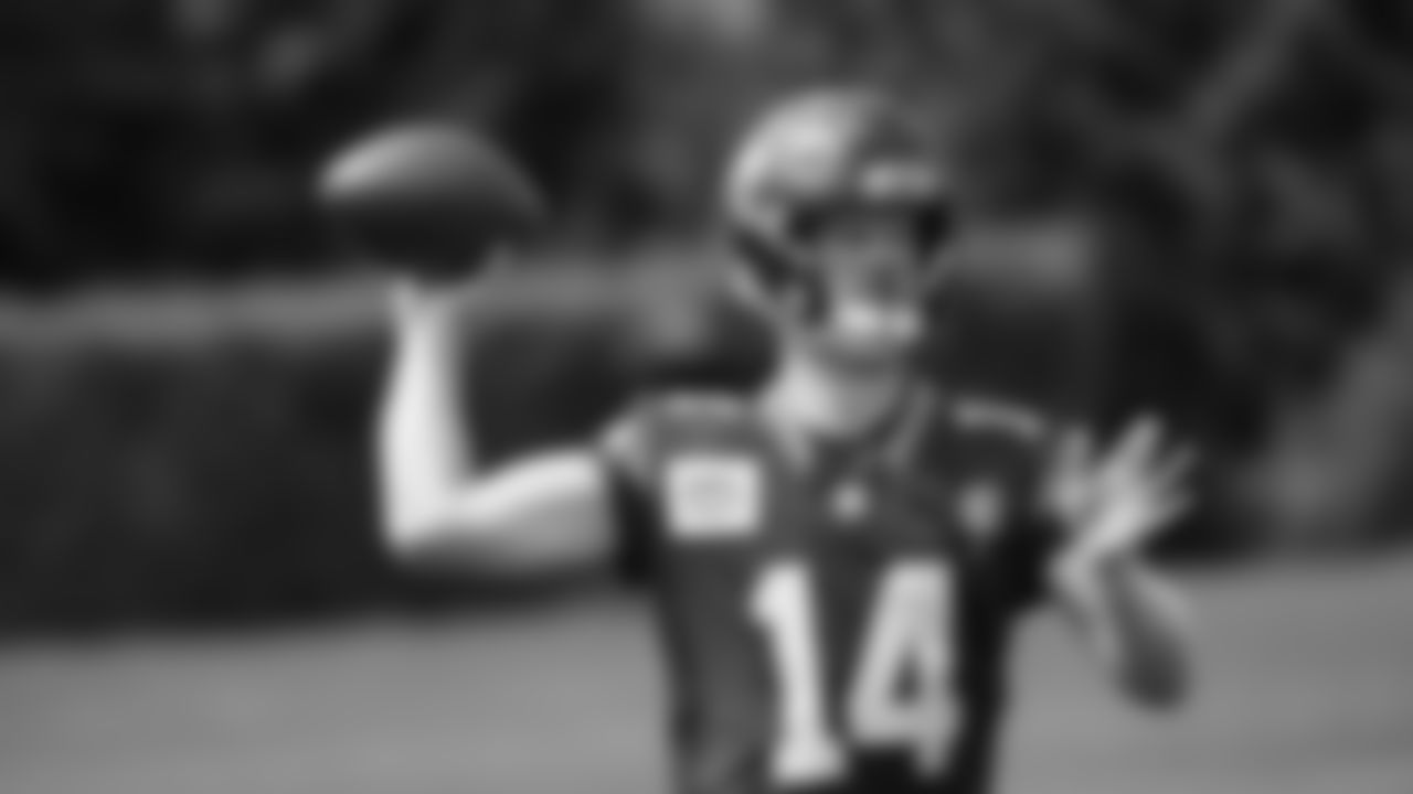 Seahawks quarterback Sam Darnold (14) practiced on August 1, 2025 at the Virginia Mason Athletic Center.