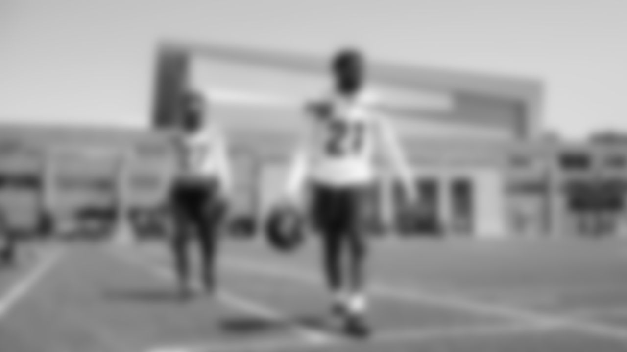 Seahawks cornerback Riq Woolen (27) and cornerback Devon Witherspoon (21) participated in a workout on day four of OTAs on Monday, June 2, 2025 at the Virginia Mason Athletic Center.