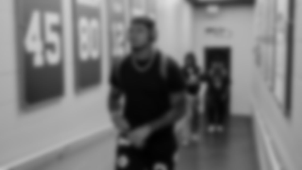 Seahawks tight end Elijah Arroyo (18) arrives at Lumen Field for the preseason Week 1 matchup vs. the Las Vegas Raiders.