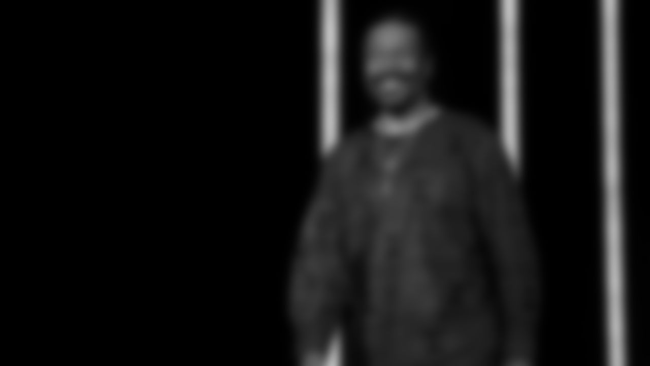 ASL interpreter Fred Beam walks onto stage at the Apple Music Halftime Show press conference ahead of the Super Bowl 60 football game on Thursday, February 5, 2026 in San Francisco. (Kathryn Riley/NFL)