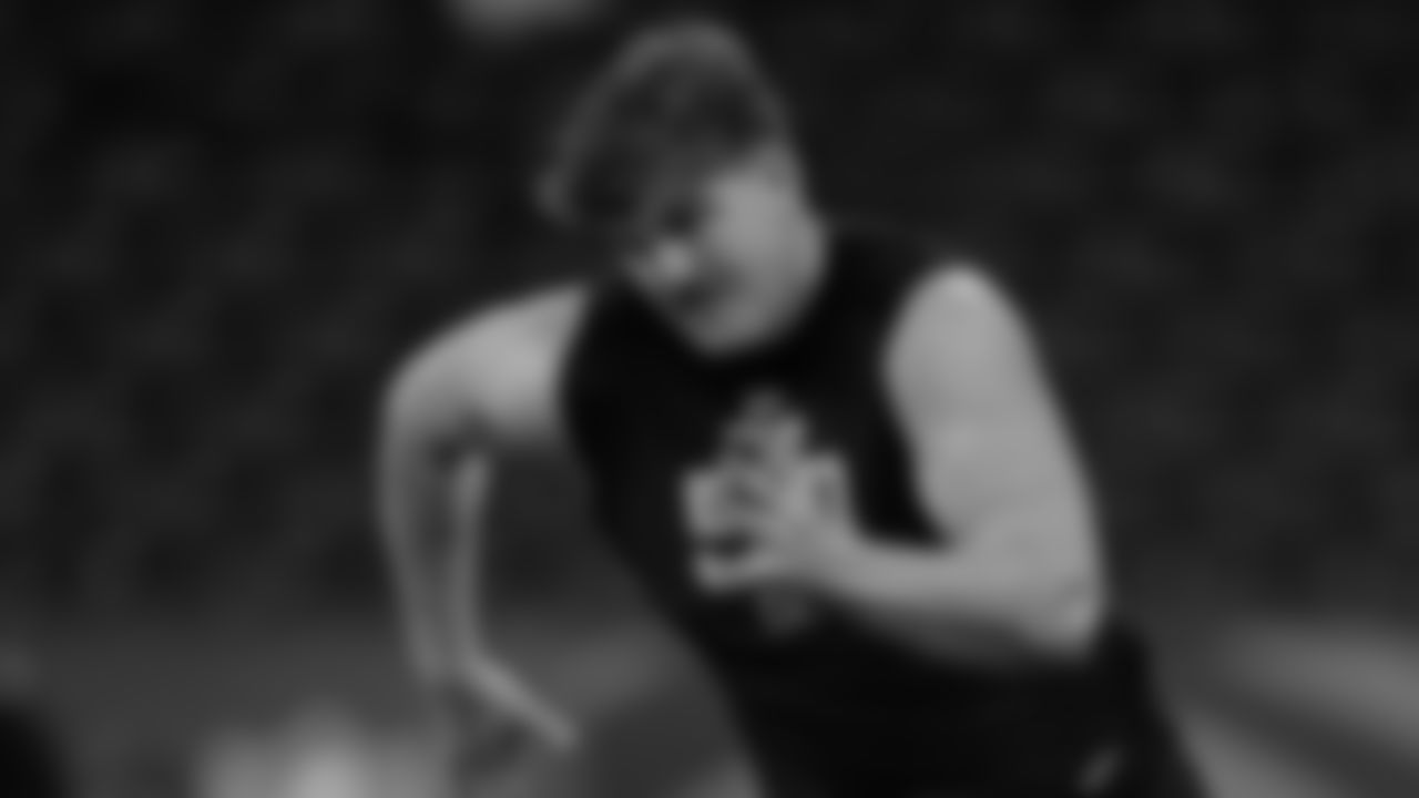 North Dakota State offensive lineman Grey Zabel runs a drill at the NFL football scouting combine in Indianapolis, Sunday, March 2, 2025. (AP Photo/George Walker IV)