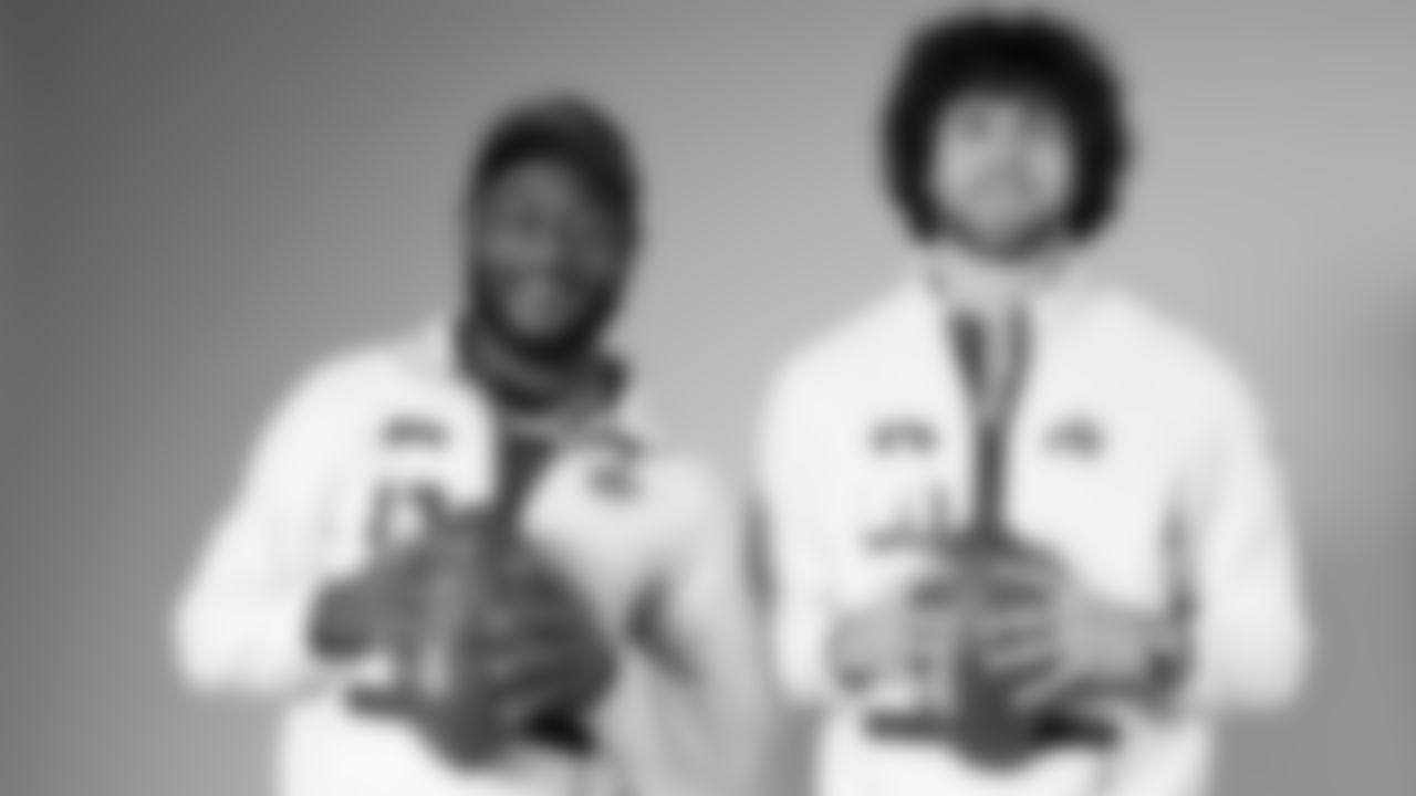 Seahawks linebacker Ernest Jones IV (13) and tight end AJ Barner (88) during Super Bowl LX Opening Night media day on February 2, 2026.