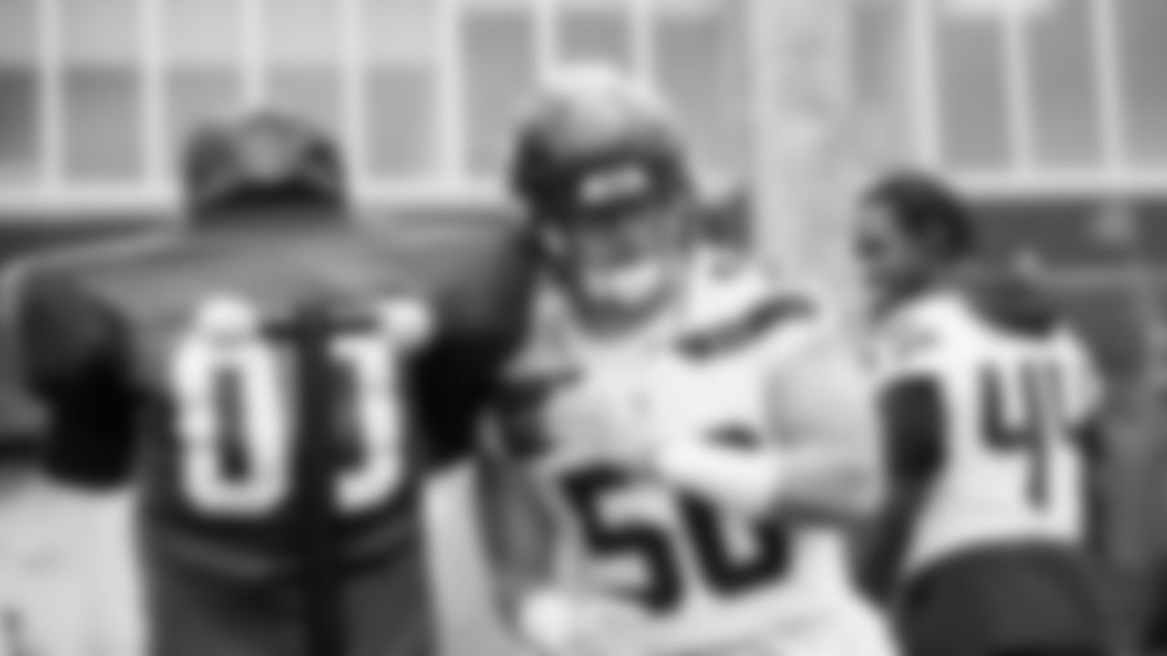Linebacker Jackson Woodard (50) practiced on day two of rookie minicamp on May 3, 2025 at the Virginia Mason Athletic Center.
