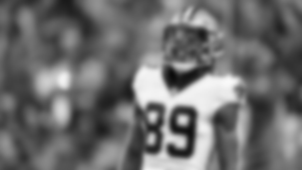 New Orleans Saints wide receiver Rashid Shaheed (89) smiles after catching a touchdown pass during an NFL football game against the Arizona Cardinals, Sunday, Oct. 20, 2022 in Glendale, Ariz. The Cardinals defeated the Saints 42-34. (Greg Trott via AP)