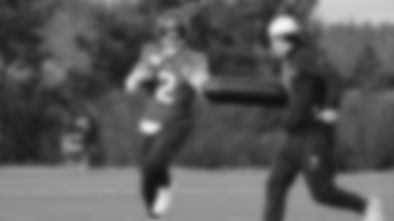 Seahawks quarterback Drew Lock (2) practiced on Wednesday, January 14, 2026 at the Virginia Mason Athletic Center.