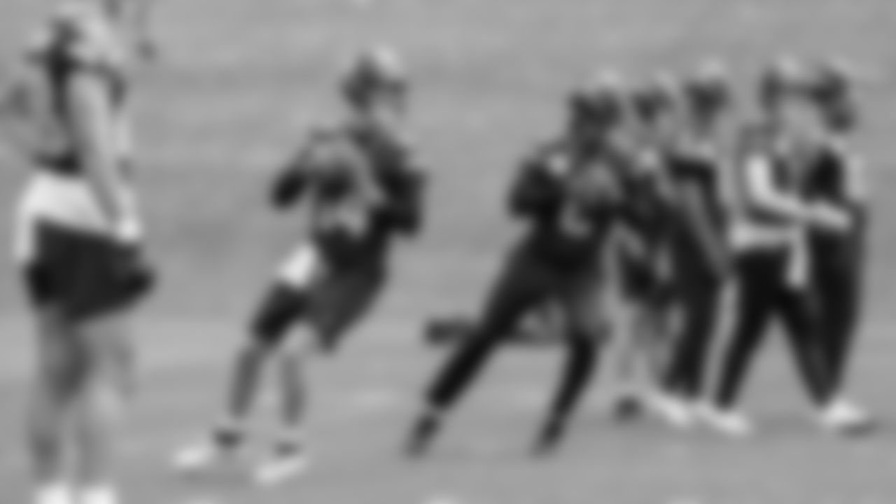Seahawks quarterback Sam Darnold (14) and quarterback Jalen Milroe (6) participated in a workout on day two of OTAs on Thursday, May 29, 2025 at the Virginia Mason Athletic Center.