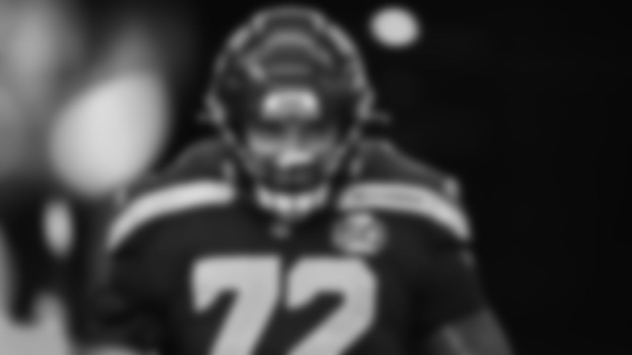 Seahawks tackle Abraham Lucas (72) warms up at Lumen Field for the NFC Championship game vs. the Los Angeles Rams on Sunday, January 25, 2026.