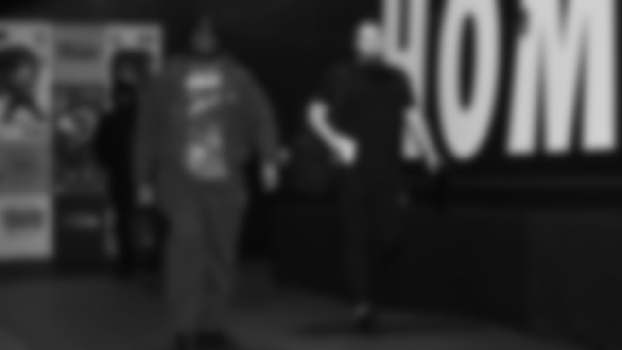 Seahawks guard Christian Haynes (64) and center Jalen Sundell (61) arrived at Lumen Field for the Week 16 matchup vs. the L.A. Rams.