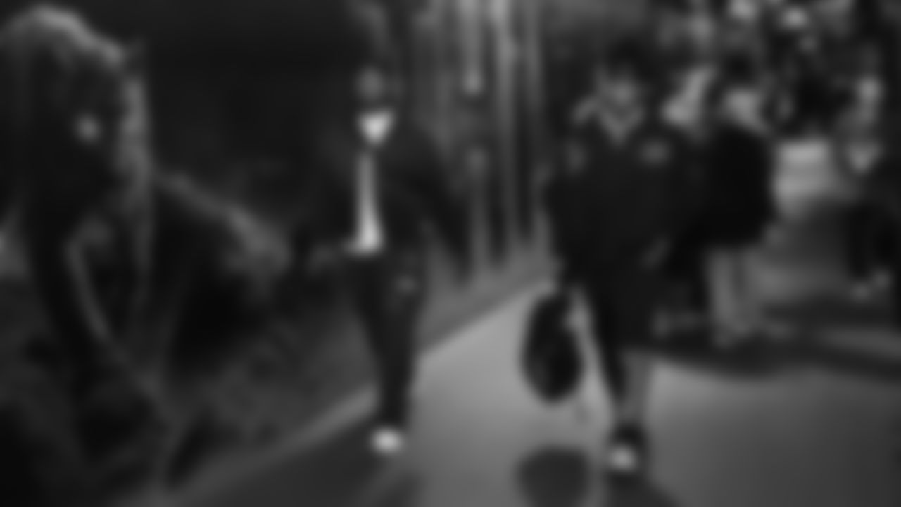 Seahawks defensive tackle Jarran Reed (90) and quarterback Jalen Milroe (6) arrived at Bank of America Stadium for the Week 17 matchup vs. Panthers on December 28, 2025.