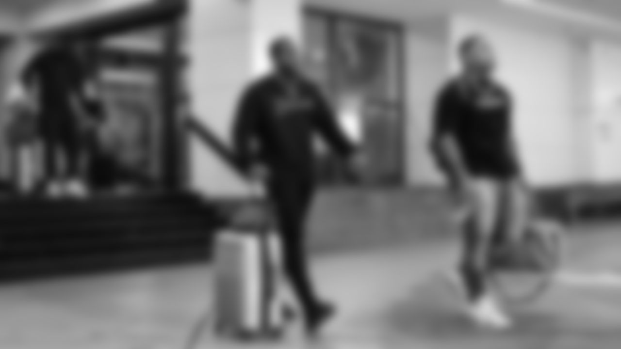 Seahawks linebacker Derick Hall (58) departed the team hotel for the Week 14 matchup vs. the Atlanta Falcons.