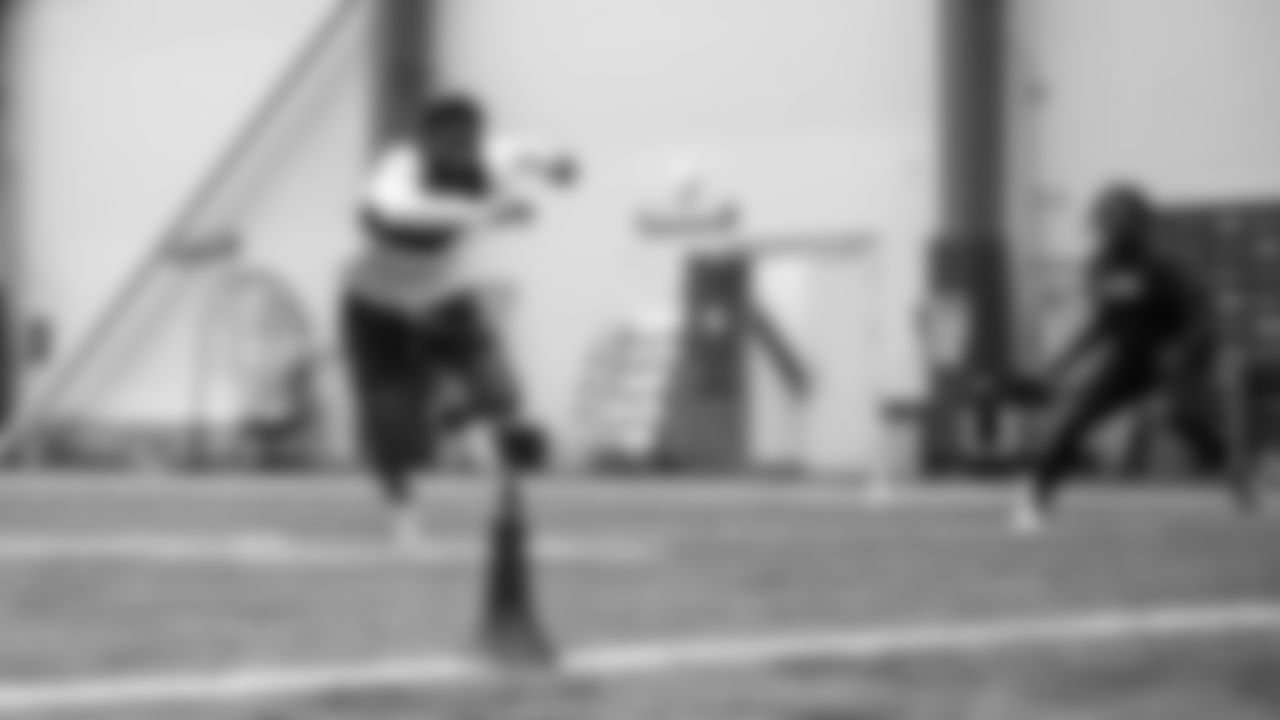 Seahawks cornerback Devon Witherspoon (21) and cornerback Riq Woolen (27) participated in a workout on April 29, 2025 at the Virginia Mason Athletic Center.