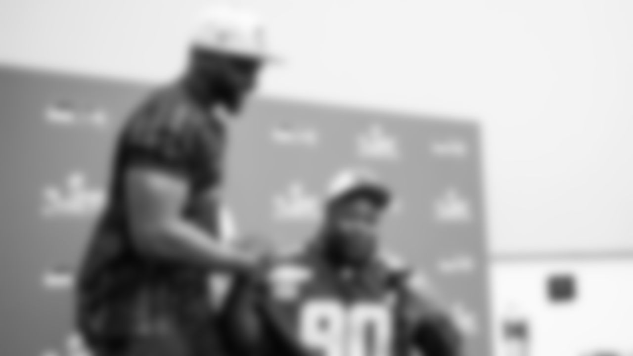 Seahawks defensive tackle Jarran Reed (90) and Seahawks Legend Cliff Avril at day three of press conference media availability on February 5, 2026.