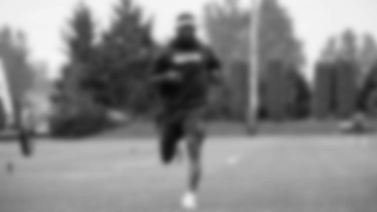 Seahawks wide receiver Steven Sims (84) participated in a workout on April 30, 2025 at the Virginia Mason Athletic Center.