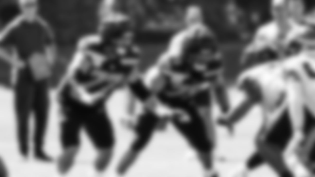 Seahawks guard Bryce Cabeldue (77) and tackle Amari Kight (79) practiced on August 12, 2025 at the Virginia Mason Athletic Center.
