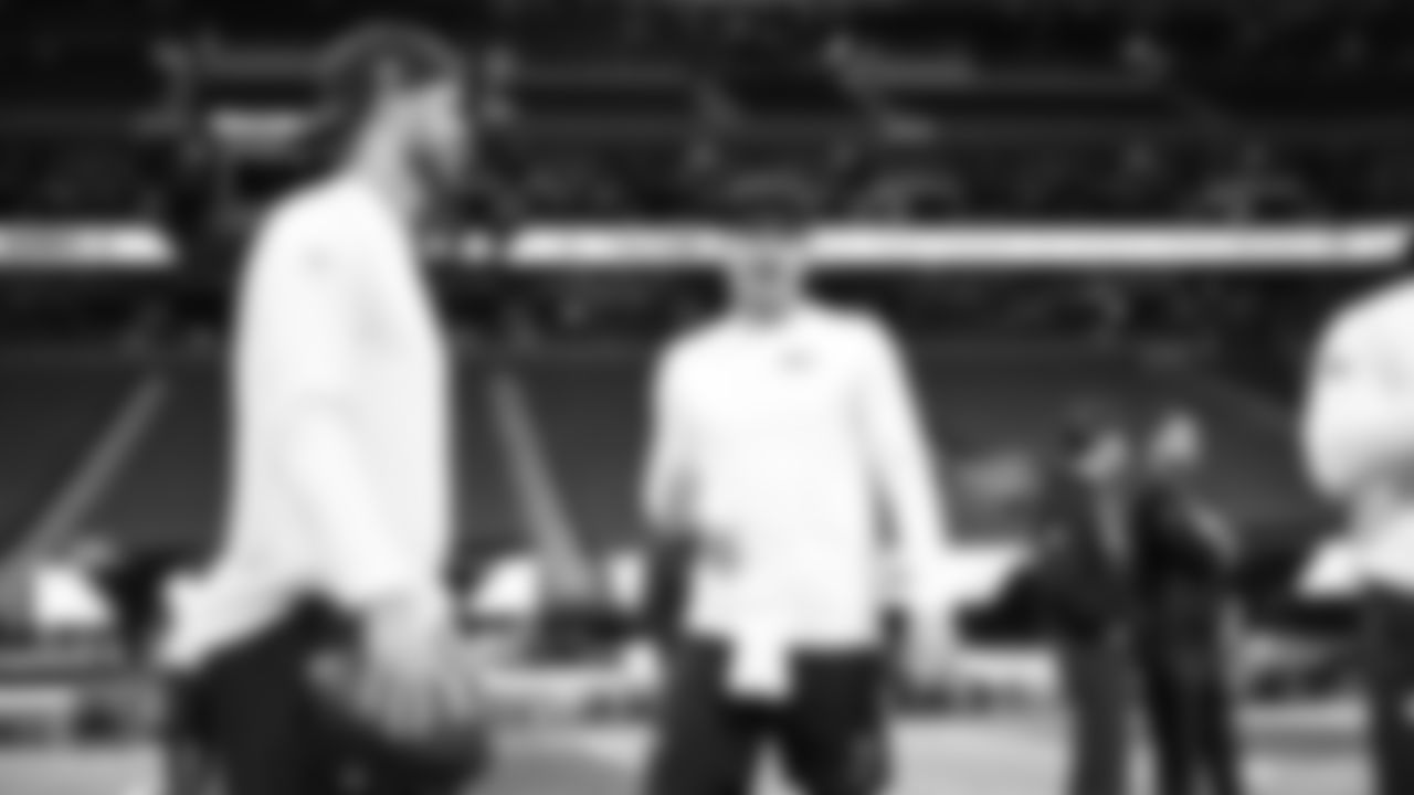 Seahawks quarterback Sam Darnold (14) and quarterback Drew Lock (2) warms up at Mercedes-Benz Stadium for the Week 14 matchup vs. the Atlanta Falcons.