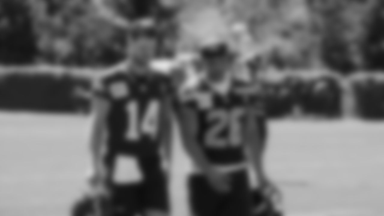 Seahawks quarterback Sam Darnold (14) and running back Zach Charbonnet (26) practiced on day two of training camp on July 24, 2025 at the Virginia Mason Athletic Center.