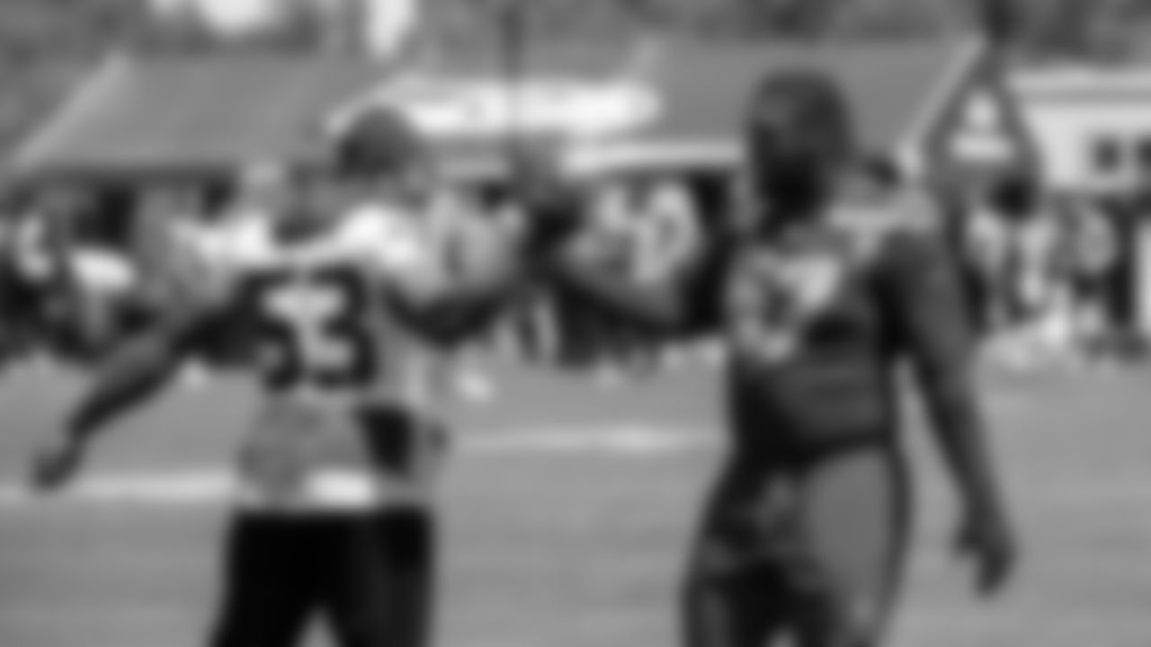 Seahawks linebacker Boye Mafe (53) and tackle Charles Cross (67) participated in a workout on day one of OTAs on Tuesday, May 27, 2025 at the Virginia Mason Athletic Center.