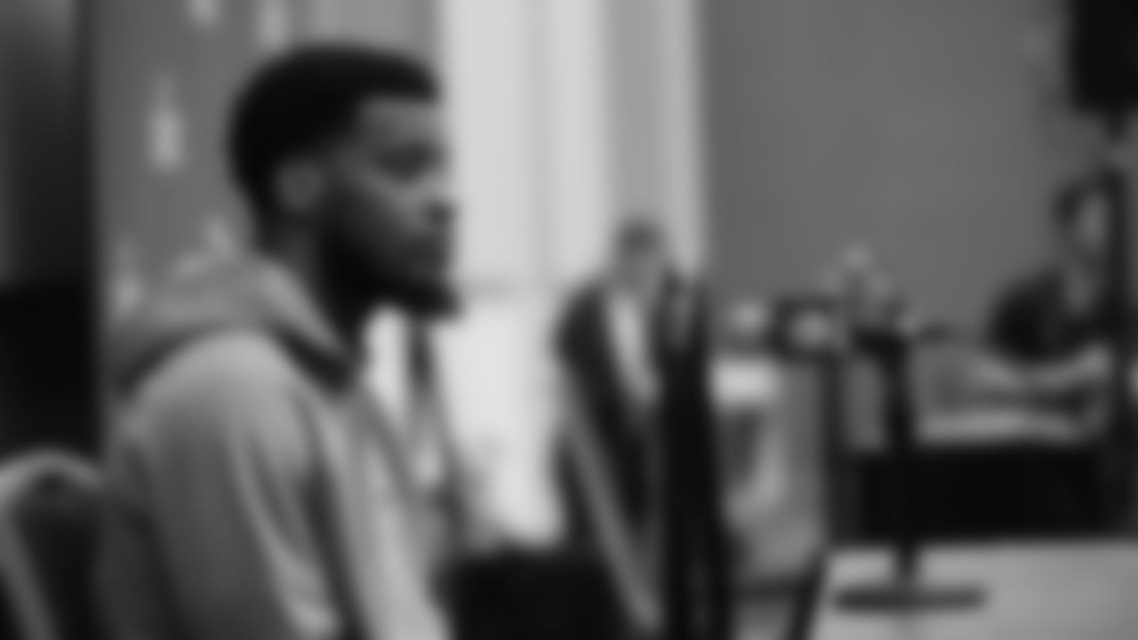 Seahawks cornerback Devon Witherspoon (21) at day one of press conference Media Availability on February 3, 2026.