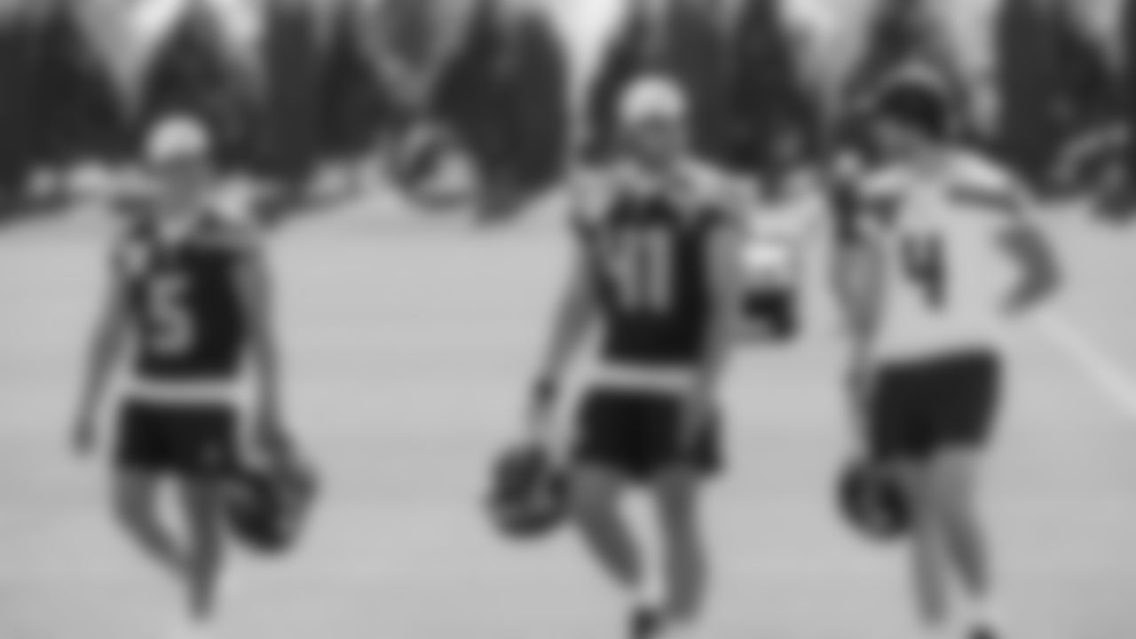 Seahawks kicker Jason Myers (5), long snapper Chris Stoll (41) and punter Michael Dickson (4) practiced on day two of training camp on July 24, 2025 at the Virginia Mason Athletic Center.