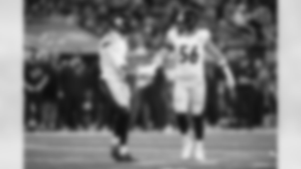 Pittsburgh Steelers cornerback Jalen Ramsey (5) and Pittsburgh Steelers linebacker Alex Highsmith (56) during a regular season game between the Pittsburgh Steelers and the Detroit Lions, Sunday, Dec. 21, 2025 in Detroit, MI. (Alysa Rubin / Pittsburgh Steelers)