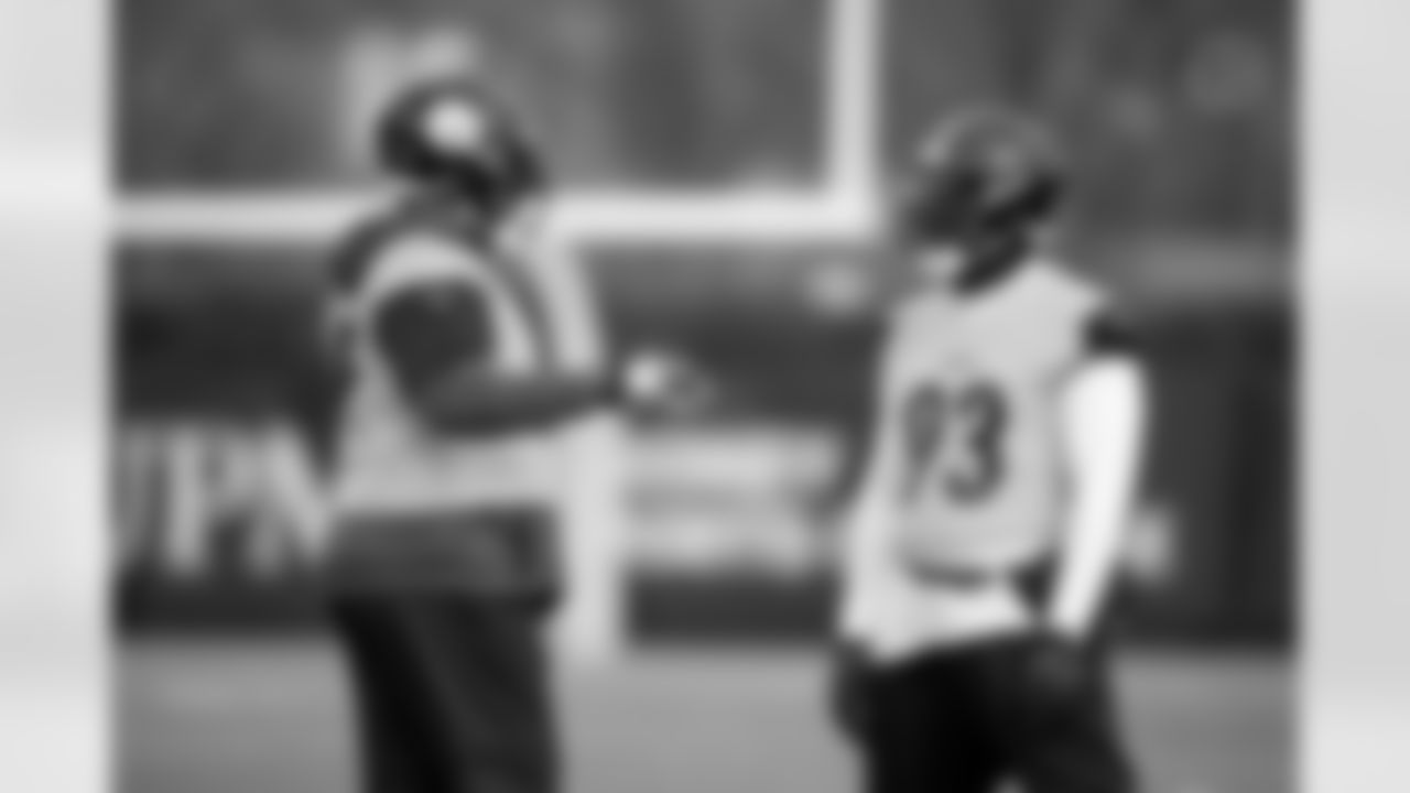 Pittsburgh Steelers defensive tackle Cameron Heyward (97) and Pittsburgh Steelers defensive tackle Esezi Otomewo (93) during practice at the UPMC Rooney Sports Complex preparing for a Week 13 matchup against the Buffalo Bills, Wednesday, Nov. 26, 2025 in Pittsburgh, PA. (Karl Roser / Pittsburgh Steelers)
