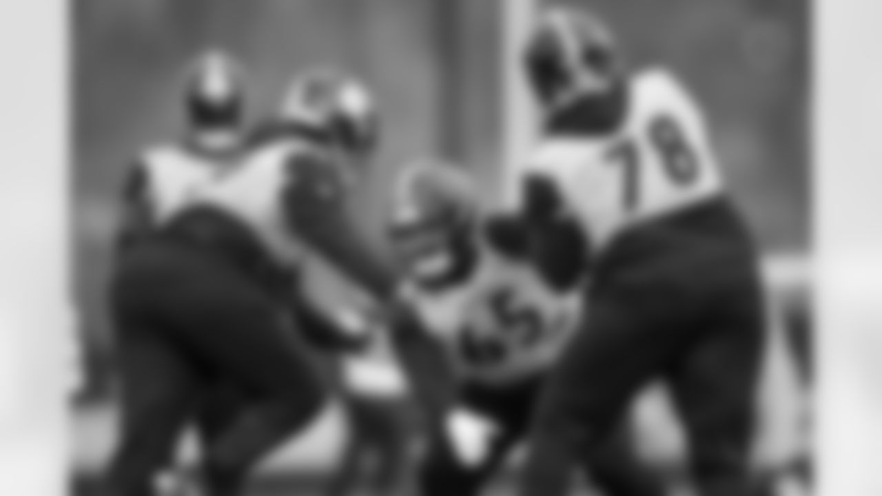 Pittsburgh Steelers defensive lineman Kyler Baugh (65), Pittsburgh Steelers defensive tackle Derrick Harmon (99) and Pittsburgh Steelers defensive tackle Brodric Martin-Rhodes (78) during practice at the UPMC Rooney Sports Complex preparing for a Week 11 matchup against the Cincinnati Bengals, Wednesday, Nov. 12, 2025 in Pittsburgh, PA. (Alysa Rubin / Pittsburgh Steelers)