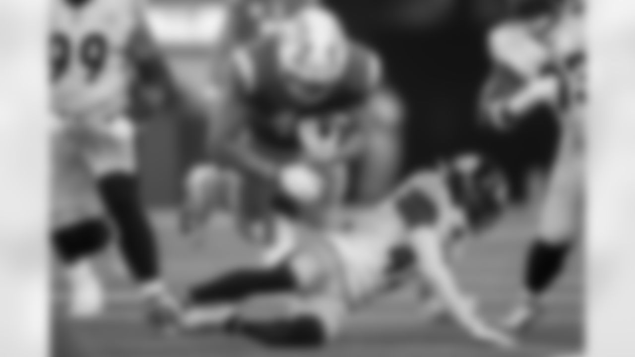 Pittsburgh Steelers cornerback James Pierre (42) tackles his opponent during a regular season game against the Los Angeles Chargers, Sunday, Nov. 9, 2025 in Inglewood, CA. The Chargers beat the Steelers 25-10. (Alysa Rubin / Pittsburgh Steelers)