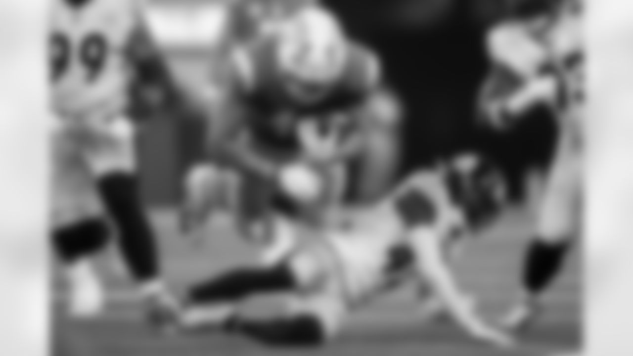 Pittsburgh Steelers cornerback James Pierre (42) tackles his opponent during a regular season game against the Los Angeles Chargers, Sunday, Nov. 9, 2025 in Inglewood, CA. The Chargers beat the Steelers 25-10. (Alysa Rubin / Pittsburgh Steelers)