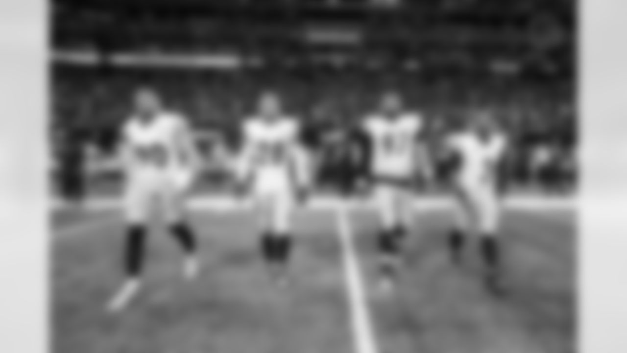 Pittsburgh Steelers linebacker T.J. Watt (90), Pittsburgh Steelers safety Miles Killebrew (28), Pittsburgh Steelers defensive tackle Cameron Heyward (97) and Pittsburgh Steelers quarterback Russell Wilson (3) prior to a regular season game between the Pittsburgh Steelers and the Atlanta Falcons, Sunday, Sept. 8, 2024 in Atlanta, GA. (Karl Roser / Pittsburgh Steelers)
