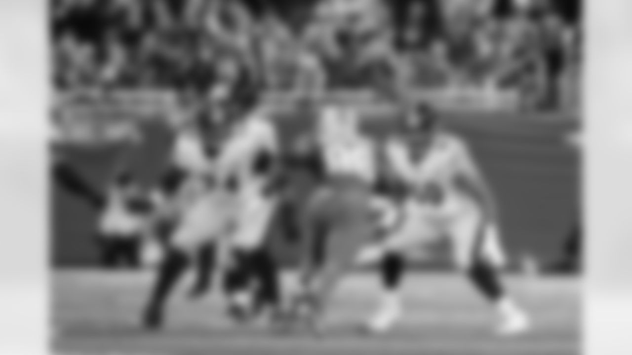 Pittsburgh Steelers offensive lineman Spencer Anderson (74) and Pittsburgh Steelers offensive tackle Dylan Cook (60) during a regular season game between the Pittsburgh Steelers and the Detroit Lions, Sunday, Dec. 21, 2025 in Detroit, MI. (Karl Roser / Pittsburgh Steelers)