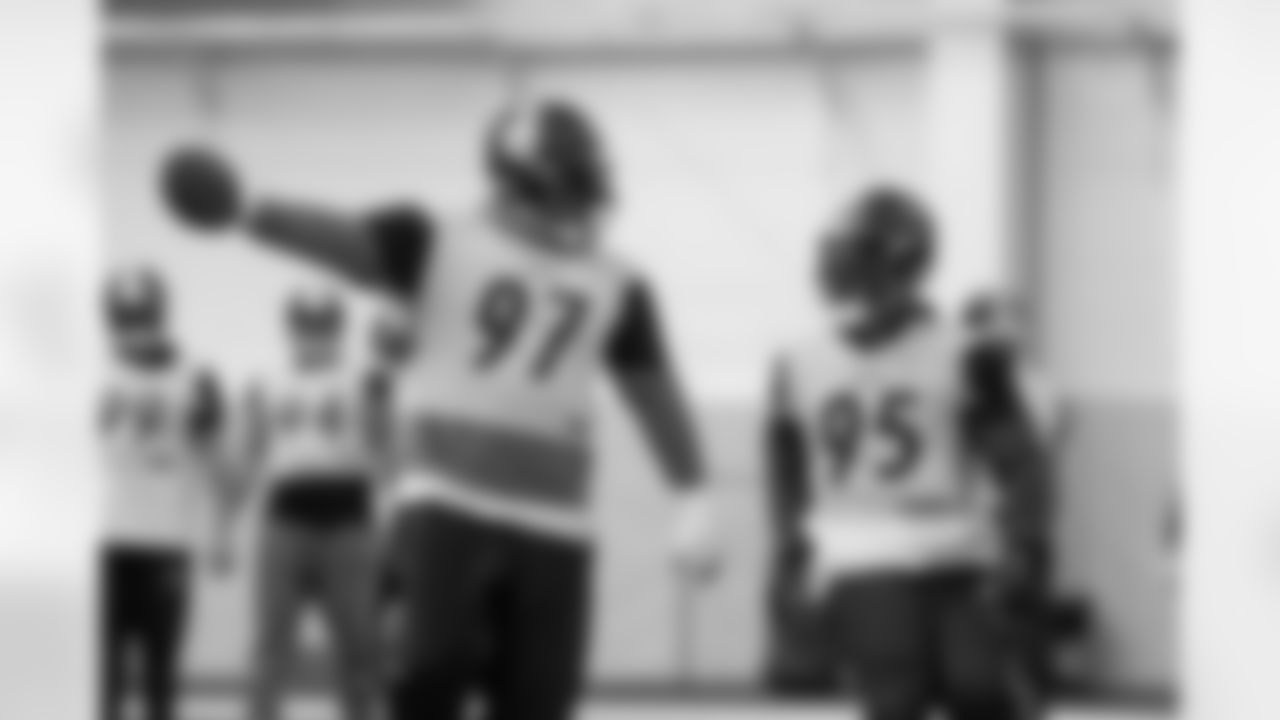 Pittsburgh Steelers defensive tackle Cameron Heyward (97) and Pittsburgh Steelers defensive tackle Keeanu Benton (95) during practice at the UPMC Rooney Sports Complex preparing for a Wild Card matchup against the Houston Texans, Saturday, Jan. 10, 2026 in Pittsburgh, PA. (Karl Roser / Pittsburgh Steelers)