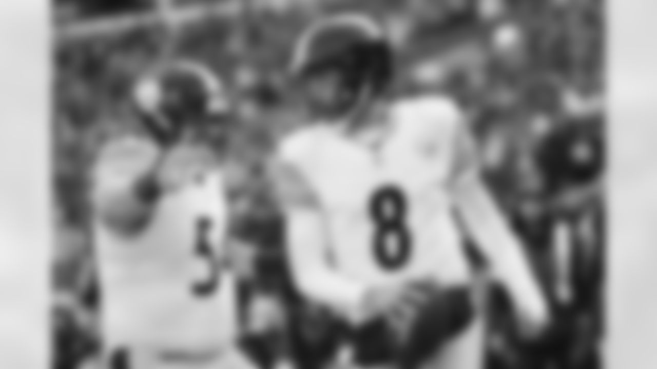 Pittsburgh Steelers center Zach Frazier (54) and Pittsburgh Steelers quarterback Aaron Rodgers (8) during a regular season game between the Pittsburgh Steelers and the Baltimore Ravens, Sunday, Dec. 7, 2025 in Baltimore, MD. (Karl Roser / Pittsburgh Steelers)