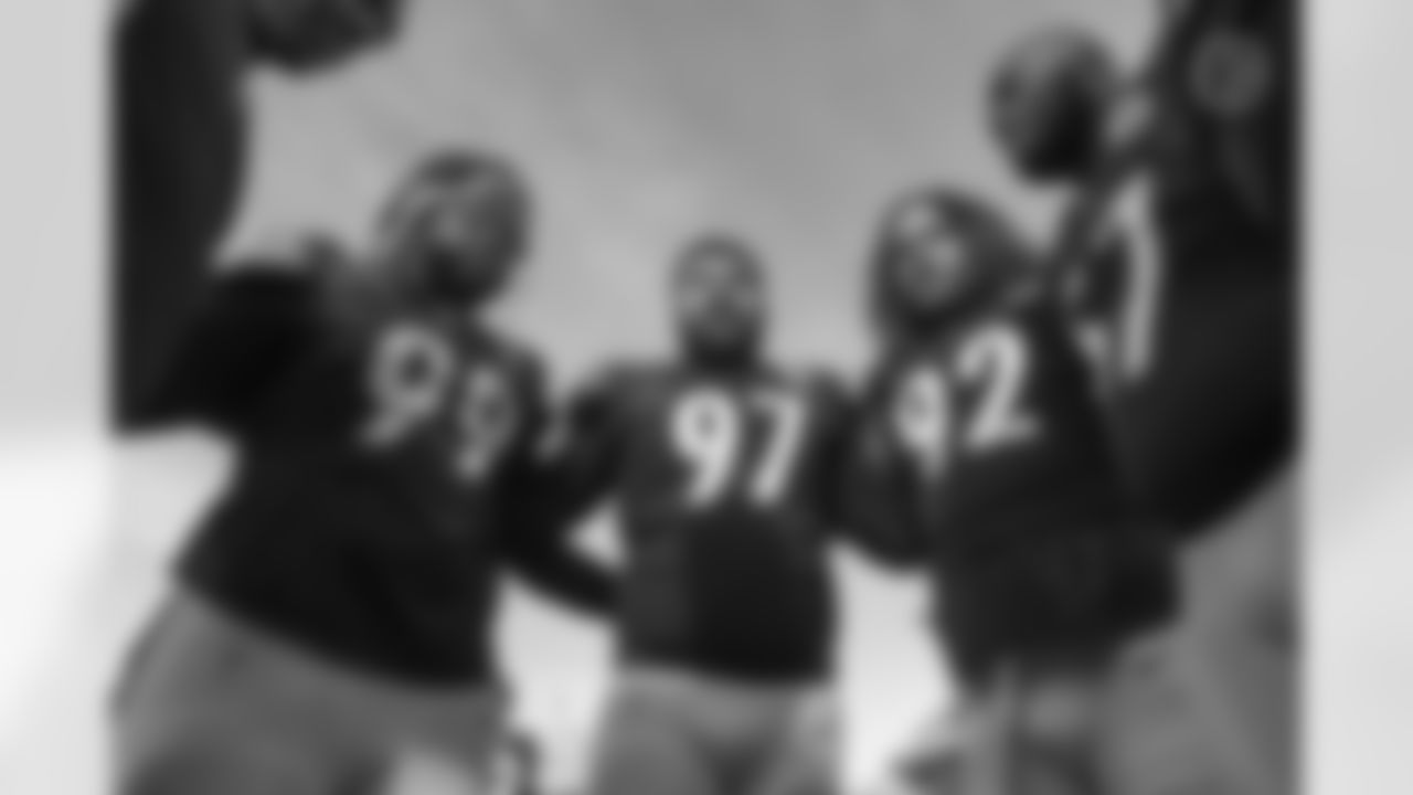 Pittsburgh Steelers defensive tackle Larry Ogunjobi (99), Pittsburgh Steelers defensive tackle Cameron Heyward (97), Pittsburgh Steelers defensive end Isaiahh Loudermilk (92), and Pittsburgh Steelers defensive tackle Montravius Adams (57) prior to a regular season game between the Pittsburgh Steelers and the Cleveland Browns, Sunday, Jan. 8, 2023 in Pittsburgh, PA. The Steelers defeated the Browns 28-14. (Jared Wickerham / Pittsburgh Steelers)