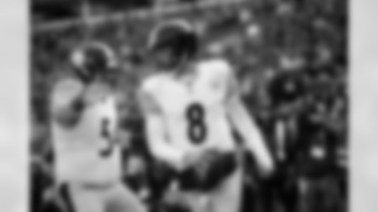 Pittsburgh Steelers center Zach Frazier (54) and Pittsburgh Steelers quarterback Aaron Rodgers (8) during a regular season game between the Pittsburgh Steelers and the Baltimore Ravens, Sunday, Dec. 7, 2025 in Baltimore, MD. The Steelers defeated the Ravens 27-22. (Karl Roser / Pittsburgh Steelers)