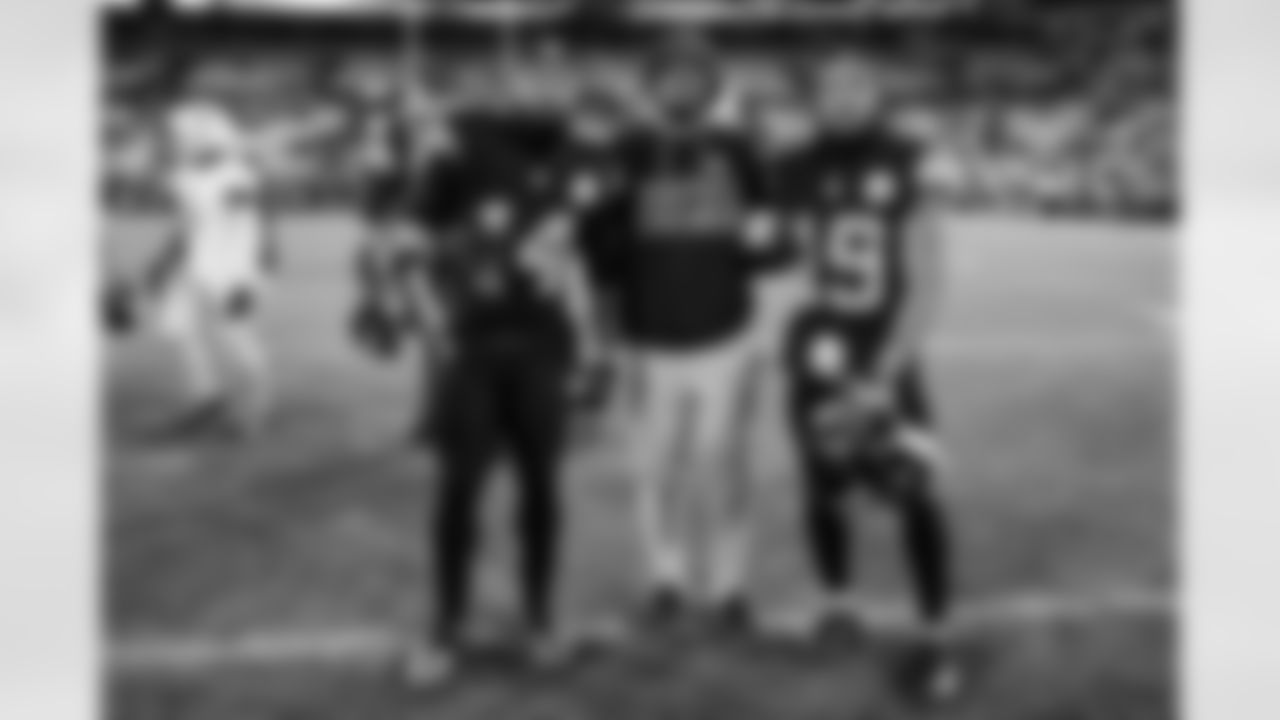 Pittsburgh Steelers running back Kenneth Gainwell (14) and wide receiver Calvin Austin III (19) during a regular season game between the Pittsburgh Steelers and the Miami Dolphins, Monday, Dec. 15, 2025 in Pittsburgh, PA. (Alysa Rubin / Pittsburgh Steelers)