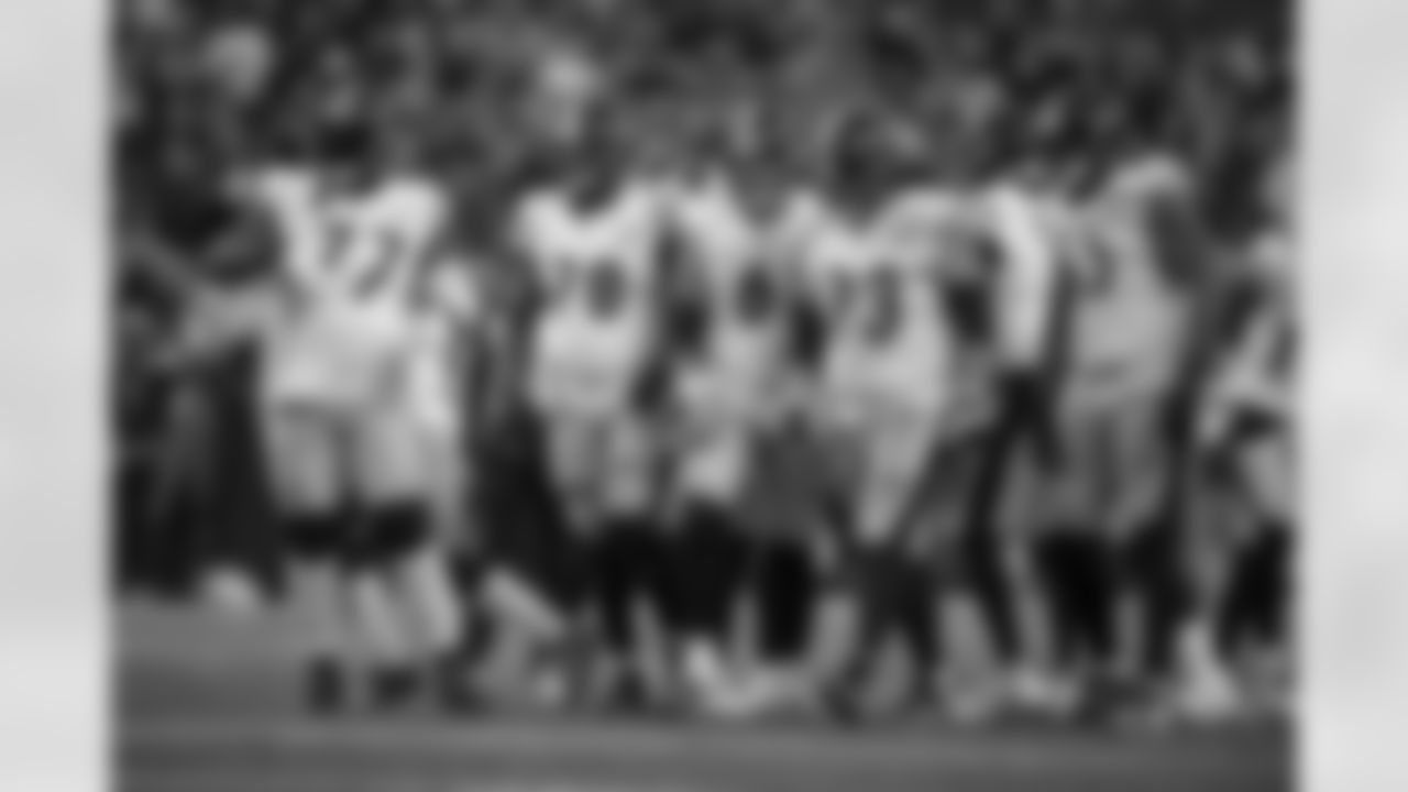 The Pittsburgh Steelers offensive line during a regular season game between the Pittsburgh Steelers and the Seattle Seahawks, Sunday, Dec. 31, 2023 in Seattle, WA. The Steelers defeated the Seahawks 30-23. (Karl Roser / Pittsburgh Steelers)