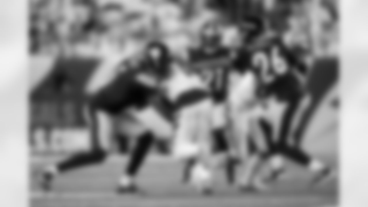 Pittsburgh Steelers cornerback Jalen Ramsey (5) and cornerback Brandin Echols (26) make a tackle during a regular season game between the Pittsburgh Steelers and the Cincinnati Bengals, Thursday, Oct. 16, 2025 in Cincinnati, OH. The Bengals beat the Steelers 33-31. (Karl Roser / Pittsburgh Steelers)