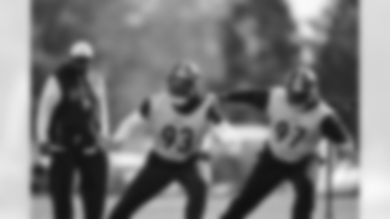 Pittsburgh Steelers defensive tackle Esezi Otomewo (93) and Pittsburgh Steelers defensive tackle Cameron Heyward (97) during practice at the UPMC Rooney Sports Complex preparing for a Week 10 matchup against the Los Angeles Chargers, Wednesday, Nov. 5, 2025 in Pittsburgh, PA. (Alysa Rubin / Pittsburgh Steelers)