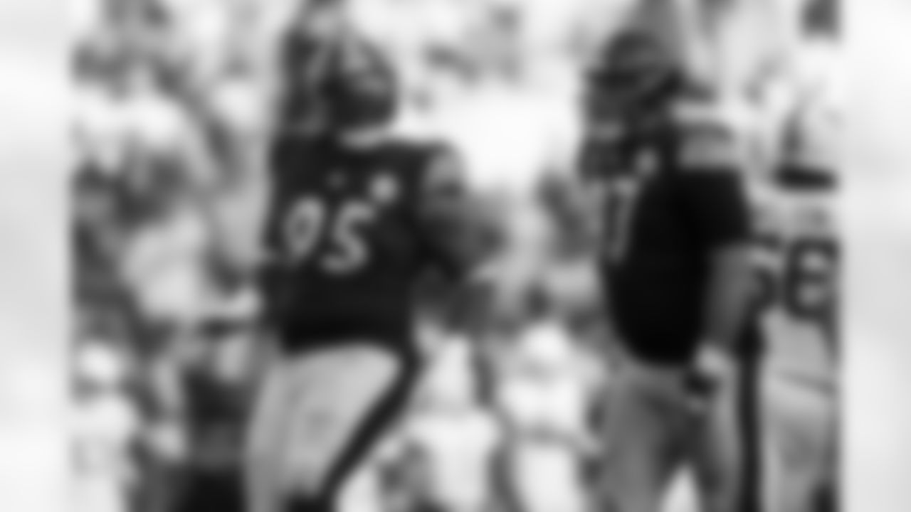 Pittsburgh Steelers defensive tackle Keeanu Benton (95) celebrates a crucial play during a regular season game against the Indianapolis Colts, Sunday, Nov. 2, 2025 in Pittsburgh, PA. The Steelers defeated the Colts 27-20. (Alysa Rubin / Pittsburgh Steelers)