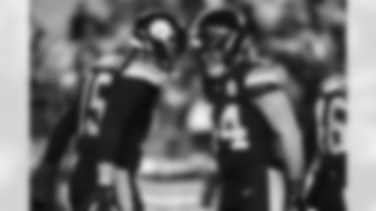 Pittsburgh Steelers wide receiver Ben Skowronek (15) and Pittsburgh Steelers linebacker Carson Bruener (44) during a regular season game between the Pittsburgh Steelers and the Miami Dolphins, Monday, Dec. 15, 2025 in Pittsburgh, PA. (Jared Wickerham / Pittsburgh Steelers)