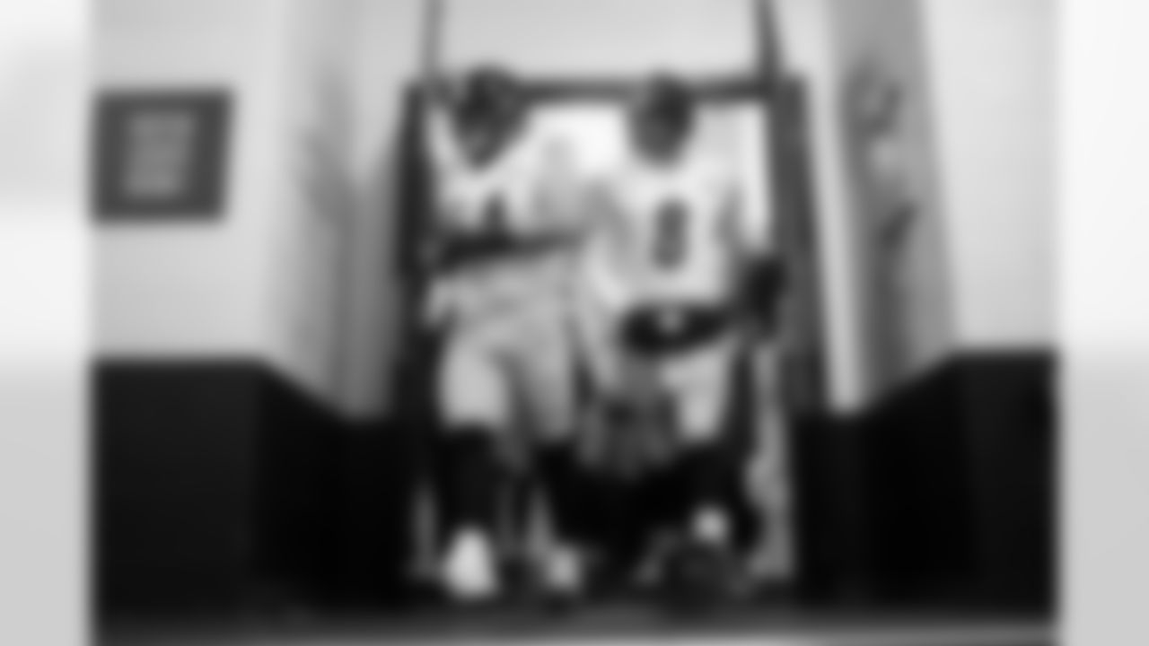 Pittsburgh Steelers center Zach Frazier (54) and Pittsburgh Steelers quarterback Aaron Rodgers (8) during a regular season game between the Pittsburgh Steelers and the Cleveland Browns, Sunday, Dec. 28, 2025 in Cleveland, OH. (Jared Wickerham / Pittsburgh Steelers)