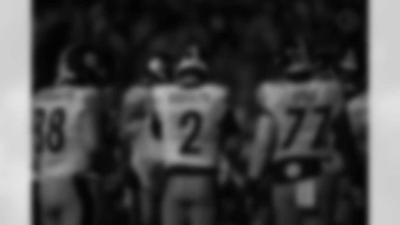 Pittsburgh Steelers quarterback Mason Rudolph (2), Pittsburgh Steelers tight end Pat Freiermuth (88), and Pittsburgh Steelers offensive tackle Broderick Jones (77) during a regular season game between the Pittsburgh Steelers and the Baltimore Ravens, Saturday, Jan. 6, 2024 in Baltimore, MD. The Steelers defeated the Ravens 17-10. (Karl Roser / Pittsburgh Steelers)