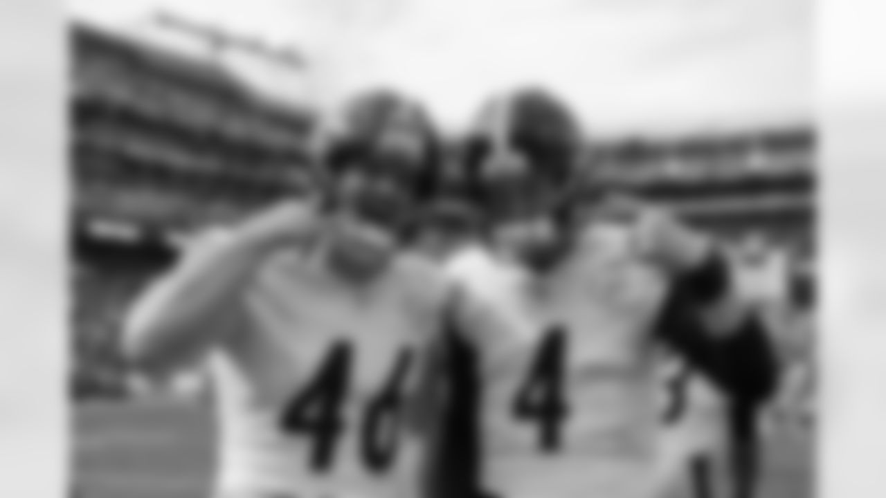Pittsburgh Steelers long snapper Christian Kuntz (46) and Pittsburgh Steelers quarterback Kyle Allen (4) during a regular season game between the Pittsburgh Steelers and the Washington Commanders, Sunday, Nov. 10, 2024 in Landover, MD. (Alysa Rubin / Pittsburgh Steelers)