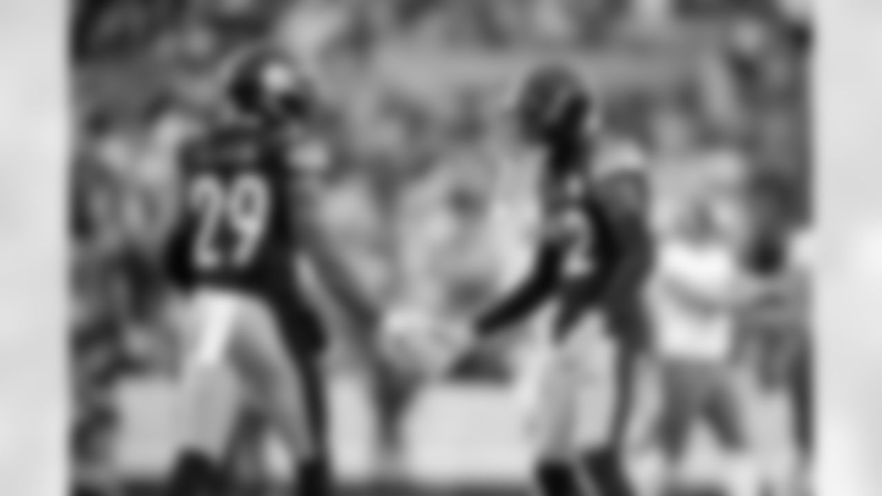 Pittsburgh Steelers safety Kyle Dugger (29) and Pittsburgh Steelers cornerback James Pierre (42) during a regular season game between the Pittsburgh Steelers and the Cincinnati Bengals, Sunday, Nov. 16, 2025 in Pittsburgh, PA. The Steelers defeated the Bengals 34-12. (Karl Roser / Pittsburgh Steelers)