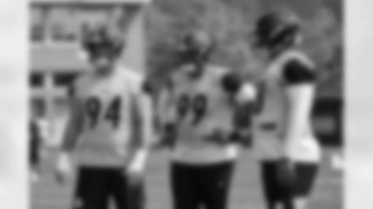 Pittsburgh Steelers defensive lineman Dean Lowry (94),Pittsburgh Steelers defensive tackle Derrick Harmon (99) and Pittsburgh Steelers defensive end Yahya Black (78) participates in the Organized Team Activities (OTAs), Thursday June 5, 2025 at the UPMC Rooney Sports Complex. (Taylor Ollason / Pittsburgh Steelers)