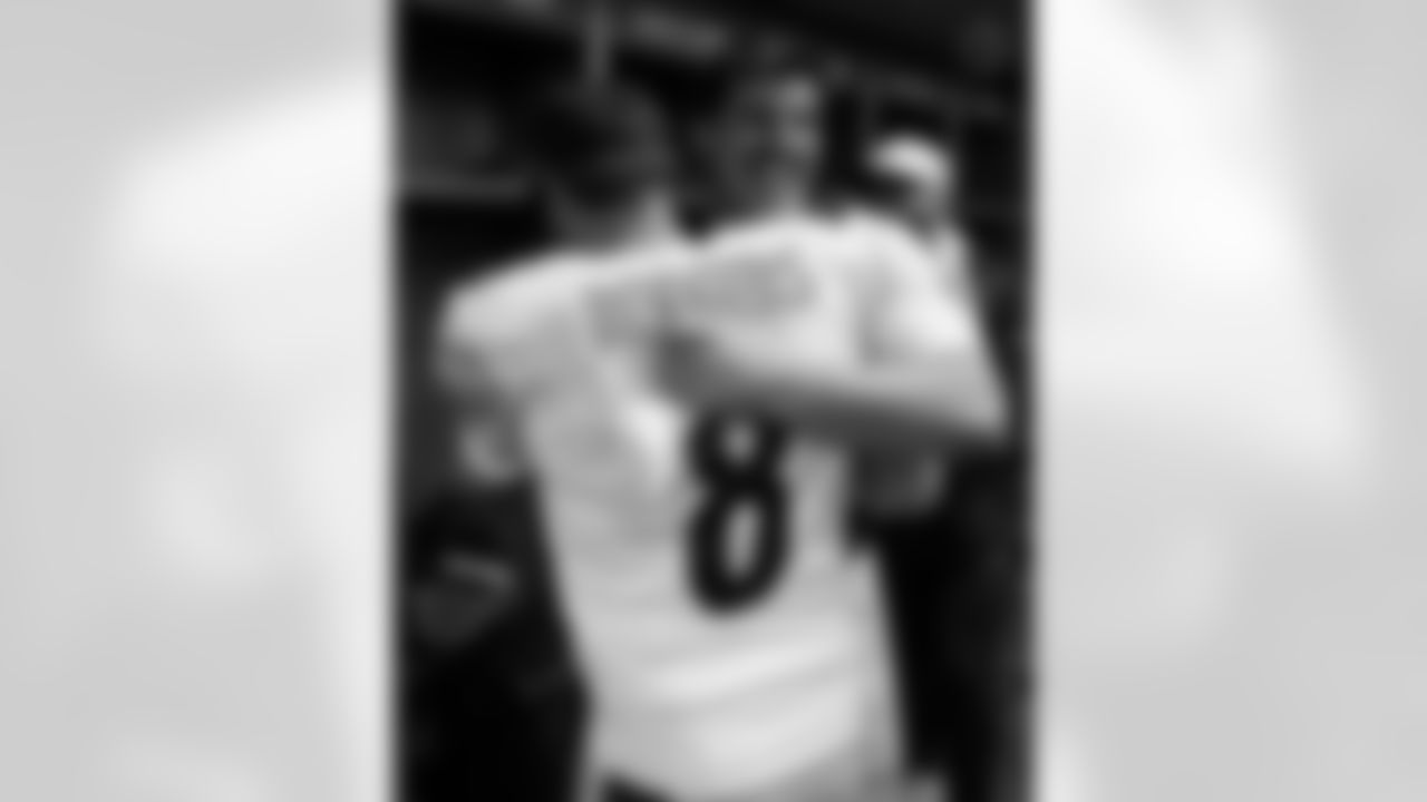 Pittsburgh Steelers quarterback Aaron Rodgers (8) and quarterback Mason Rudolph (2) hug each other in celebration following a regular season game between the Pittsburgh Steelers and the Detroit Lions, Sunday, Dec. 21, 2025 in Detroit, MI. The Steelers defeated the Lions 29-24. (Karl Roser / Pittsburgh Steelers)