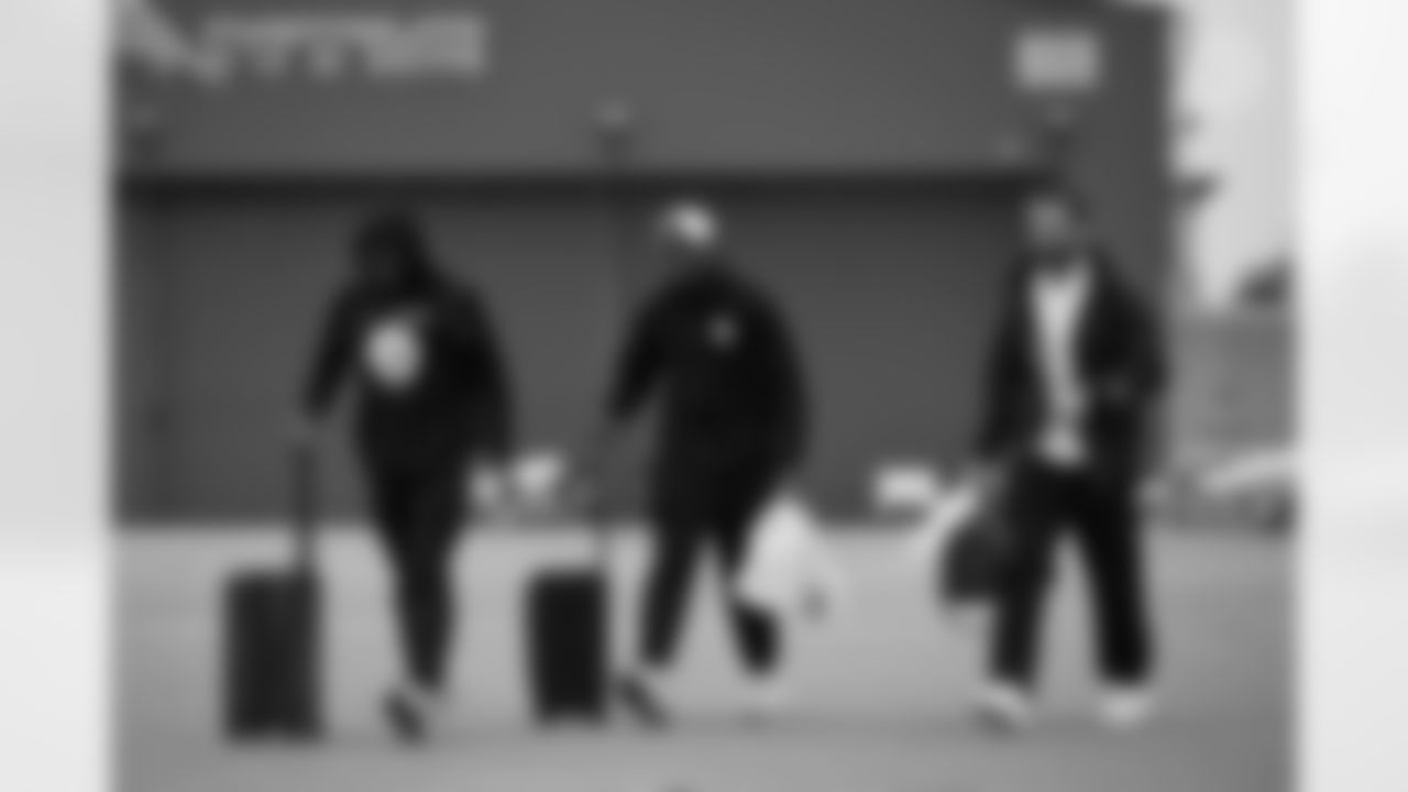 Pittsburgh Steelers cornerback James Pierre (42), Pittsburgh Steelers punter Corliss Waitman (3) and Pittsburgh Steelers linebacker Payton Wilson (41) travels to Detroit on Saturday, Dec. 20, 2025 for the Week 16 regular season matchup against the Detroit Lions. (Alysa Rubin / Pittsburgh Steelers)